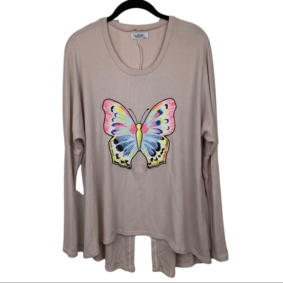 Lauren Moshi Long Sleeve Ribbed Embroidered Butterfly Top XS/S - Picture 1 of 6